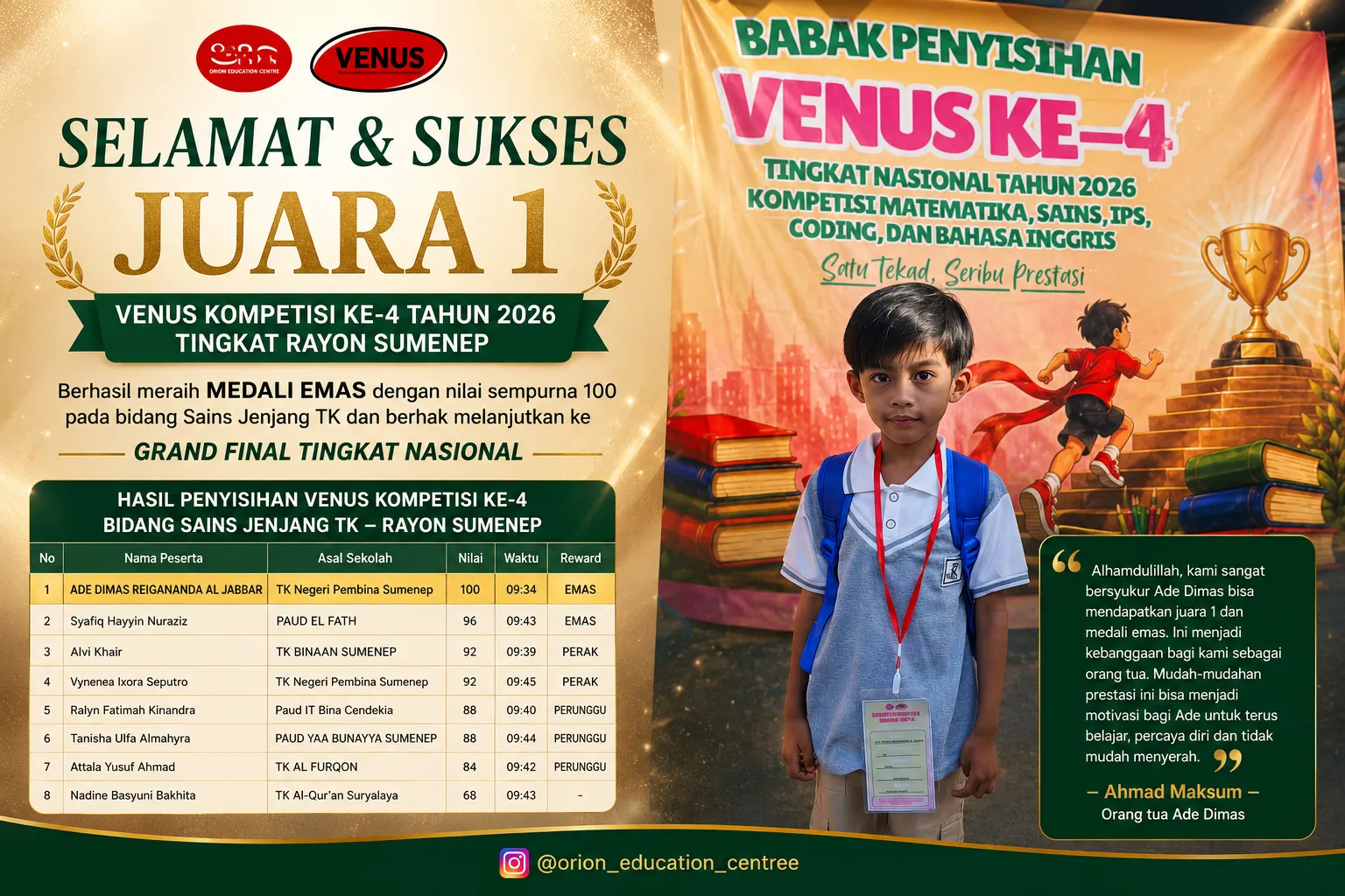 Ade Dimas Juara 1 VENUS Ke-4 Rayon Sumenep, Raih Emas dan Lolos Grand Final Nasional